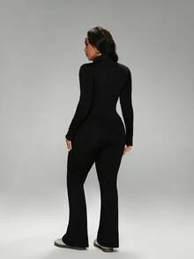 FWH Conjunto de invierno de talla grande con puños con agujero para el pulgar, con cremallera delantera, campana alargadora de piernas, chic de lujo de rendimiento de estilo retro futurista, conjunto de entrenamiento de cuello alto, ropa de yoga con cremallera, pantalones acampanados con control de abdomen, conjunto de ropa deportiva térmica, chaqueta con cremallera y cuello alto y pantalones de yoga acampanados para mujer, conjunto de 2 piezas para mujer - Negro - Ver 5