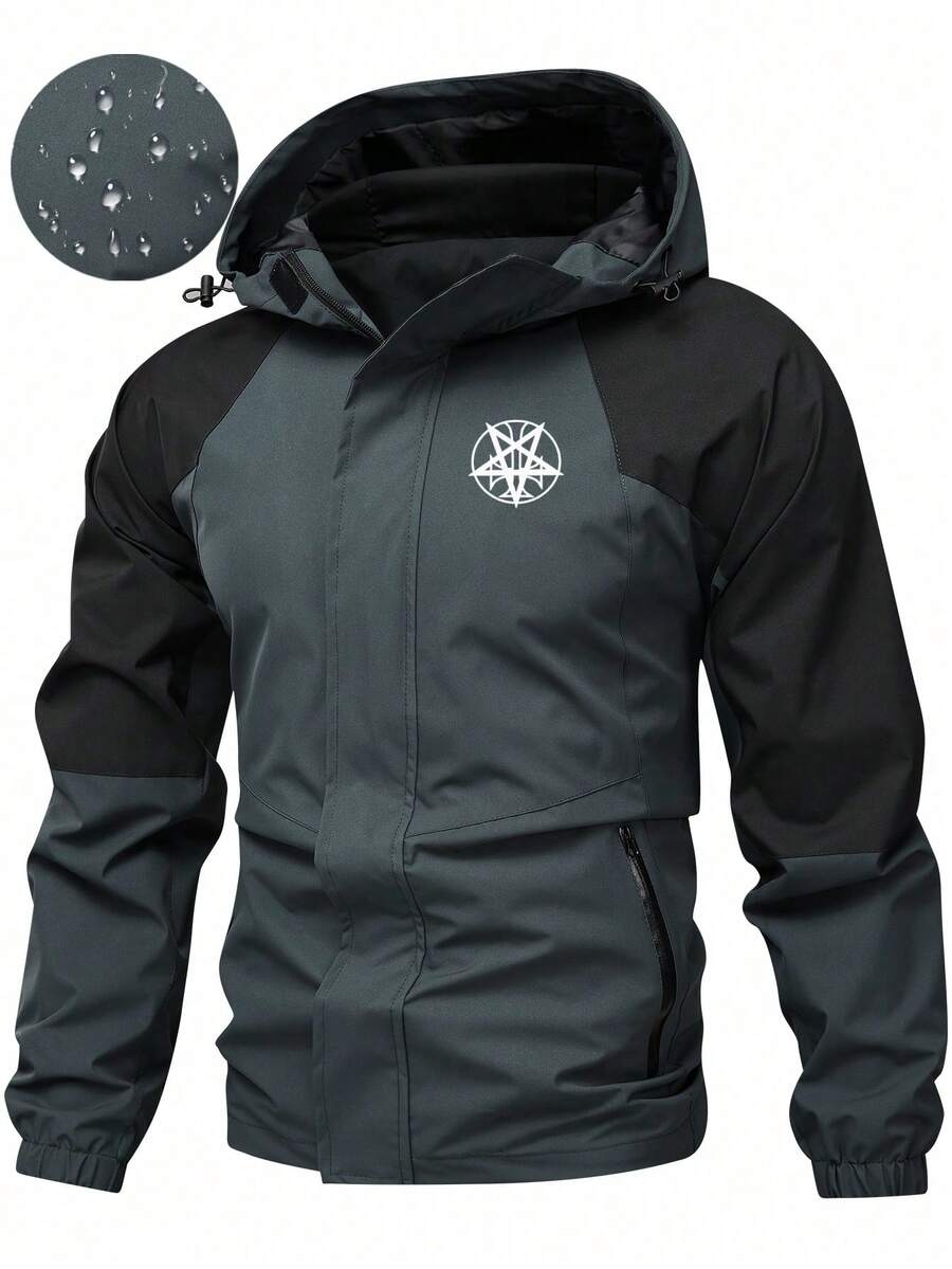 Men Outdoor Casual Windproof Patchwork Hooded Long Sleeve Jacket, Fall - Dusty Blue - View 1