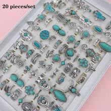 Bộ 20 chiếc nhẫn hợp kim khảm đá ngọc lam tổng hợp, Bộ nhiều món phong cách cổ điển hình xương rồng Bohemian, Nhẫn đeo tay cho cặp đôi cao bồi miền Tây dự tiệc, Trang phục hàng ngày, Quà tặng trang sức thời trang, Giao hàng ngẫu nhiên - 20 chiếc nhẫn cao bồi miền Tây ngẫu nhiên - Xem 18