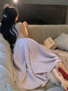 无袖A字连衣裙，优雅休闲夏季女装，适合音乐会、派对、生日等场合，纯色时尚长裙，春季新款粉色 - 粉色 - 查看 5