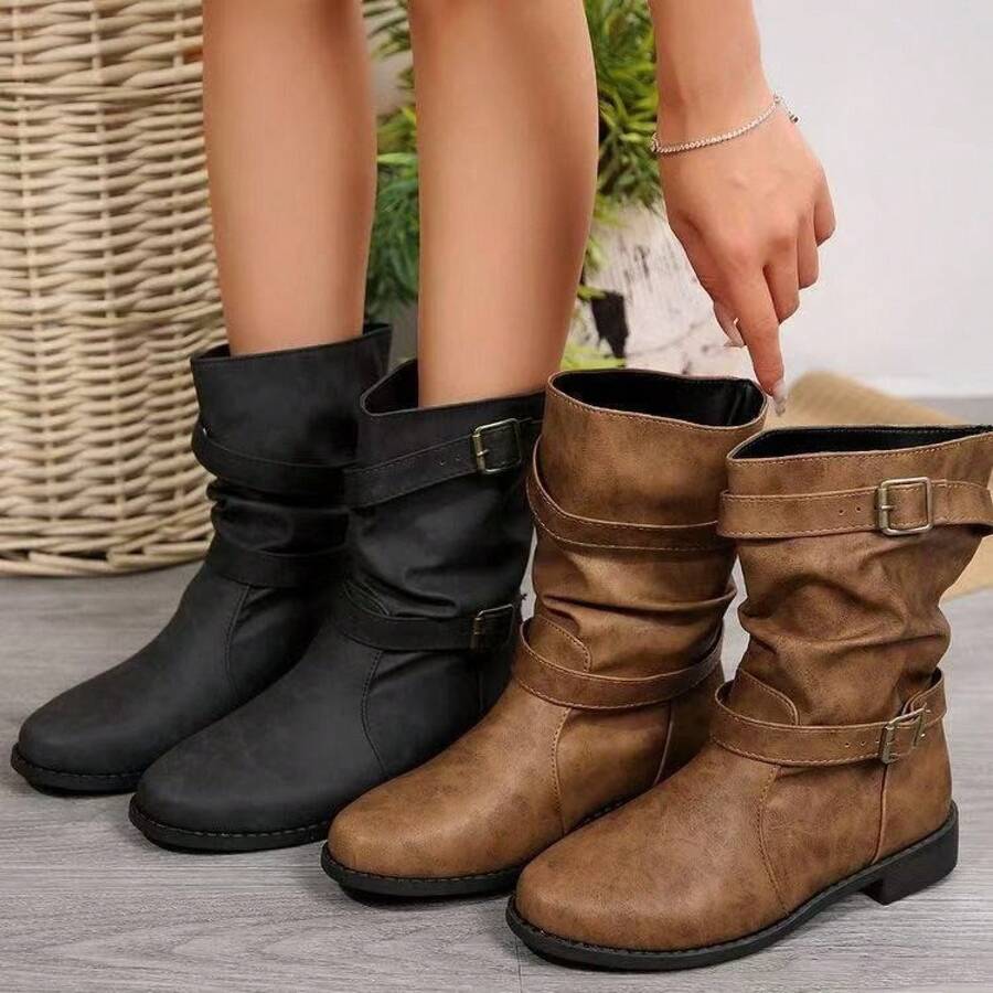 Mid-Calf Women's Boots For Autumn/Winter 2025, European And American Style, Round Toe, Square Heel, Large Size, With Belt Buckle - C-1 Đen - Xem 1