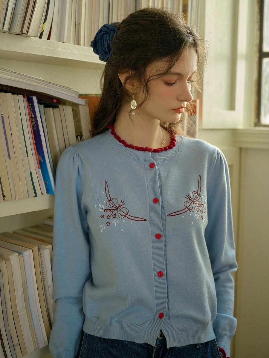 Simple Retro Cardigan suéter feminino retrô simples com gola alta e bordado em cores contrastantes