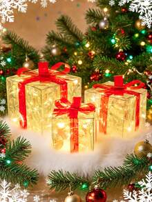 Set Of 3 Christmas 60 LED Lighted Gift Boxes, Transparent Warm White Lighted Christmas Box Decor, Presents Boxes With Red Bows For Christmas Tree, Yard, Home, Christmas Decorations