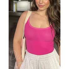 Women Rib Tank Top Padded Workout Top Square Neck Crop Tank Fitted Basic Cami Tops - Hot Pink - View 4