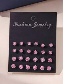 12 Pairs European & American Shiny High-Grade Pink Faux-Rhinestone Fashion Mini Delicate Stud Earring Set - Crystal - View 8