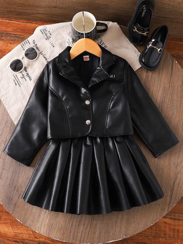 2pcs Girls Fashion Button Lapel PU Leather Short Jacket Blazer Top And PU Leather Pleated Mini Skirt Set, Suitable For Casual Wear In Autumn/Spring