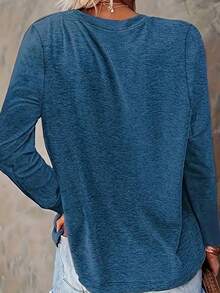 Áo thun nữ tay dài cổ tròn dáng rộng, màu trơn thanh lịch, chất liệu polyester dệt kim, thời trang thu đông, thiết kế hình trái tim, phù hợp cho phái nữ mặc thường ngày vào mùa xuân. - Màu xanh lam - Xem 2