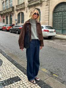 女士休闲通勤时尚长袖绒面革拉链夹克，秋季 - 棕色 - 查看 4