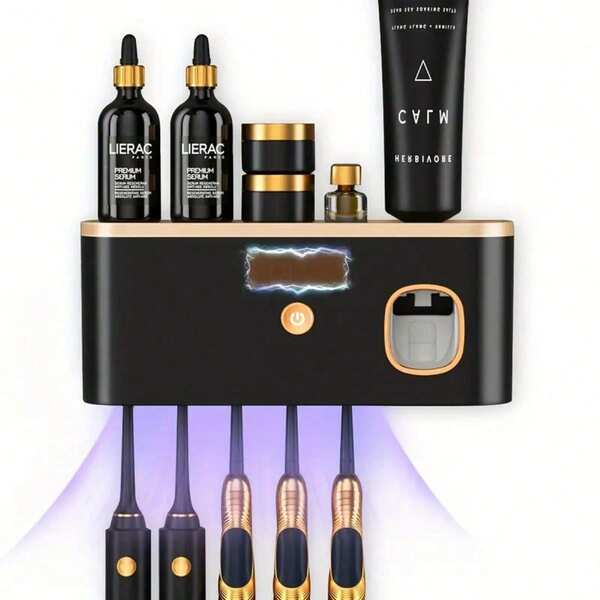 Intelligent UV Toothbrush Sanitizer Holder And 5 Slots Toothbrush Holders, Toothbrush Holder Wall Mounted With Toothpaste Dispenser, USB/Solar Rechargeable Toothbrush Sterilizer, Bathroom Toothbrush Sanitizer, Without Drilling Home Bathroom Decor Fall Decor Back To School