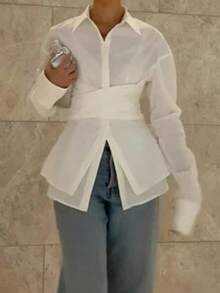Women's Elegant Solid Color Collared Slim Waist Long Sleeve Blouse For Office Wear, Polyester Material With Buttons White Spring - White - View 4