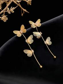1 Pair Women's Gold Butterfly Rhinestone Earrings, Fashionable And Suitable For Daily Wear