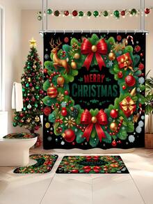 1/3/4 Stücke Weihnachts Duschvorhang Set, Weihnachts Schleife und Geschenk Muster bedruckter Badezimmer Fenster Duschvorhang Set, Badezimmer Set beinhaltet rutschfeste Badematte, U-förmige Toilettenvorleger, Toilettendeckel Abdeckung und Duschvorhang Zubehör, geeignet für Badezimmer Dekoration, Heimdekoration und Duschdekor, Feiertags Geschenk, Feiertags Dekoration, Weihnachtsdekoration