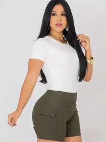 Bermuda Short Cargo Bengaline High Waist Butt Lift With High Elasticity - xanh quân đội - Xem 3