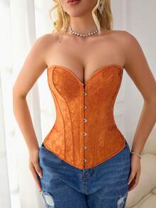 Corset buste jacquard sans bretelles, style classique vintage. Top de corset, corsage, bustier, corset sur-buste, vêtement extérieur sans bretelles pour femmes, costume de scène burlesque vintage, Halloween - Roux - Voir 2