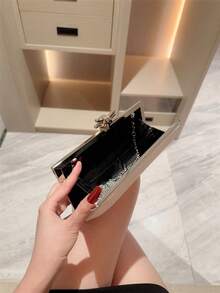 1 件简约迷你盒式手拿包，奢华金属扣设计晚礼服包，优雅闪亮迷你钱包，适合正式场合，适合作为生日/节日礼物，配有可拆卸肩链 - 銀色 - 查看 6