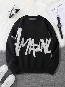 1pc Teen Boys Minimalist Versatile Casual Retro Knit Sweater, Autumn/Winter - Black - View 1