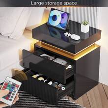 OYAJIA Hochglanz Nachttisch mit LED Beleuchtung Moderner Nachtschrank Nachtkommode mit 3 Schubladen & Flip Cover für Wohnzimmer Schlafzimmer Schwarz Beistelltisch 45x35x67cm - Schwarz - Übersicht 12