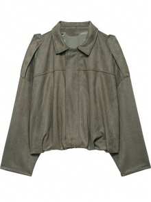 Chaqueta bomber de mujer 2025 de unicolor con textura de ante en el cuello, ajuste holgado casual de manga larga con cremallera