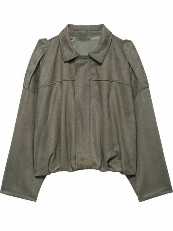 Chaqueta bomber de mujer 2025 de unicolor con textura de ante en el cuello, ajuste holgado casual de manga larga con cremallera