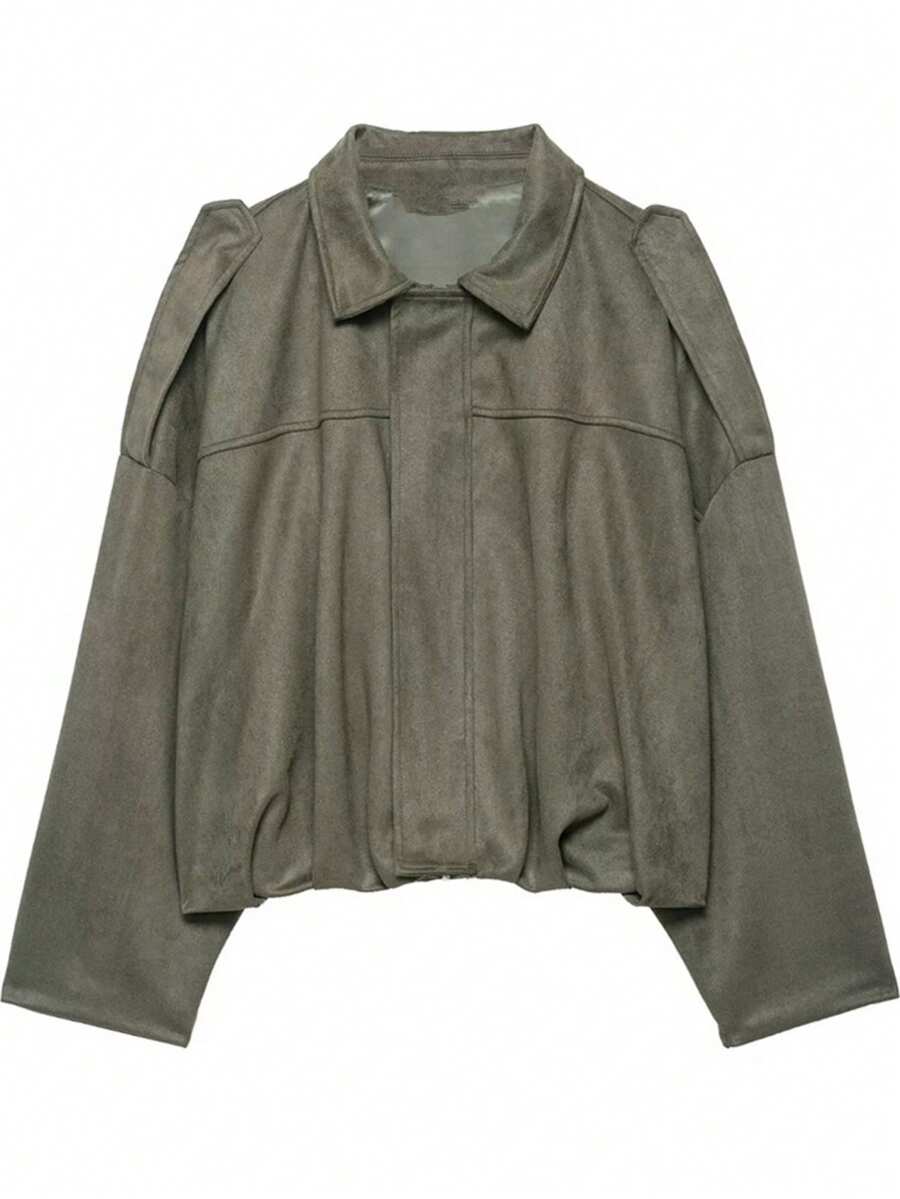 Chaqueta bomber de mujer 2025 de unicolor con textura de ante en el cuello, ajuste holgado casual de manga larga con cremallera