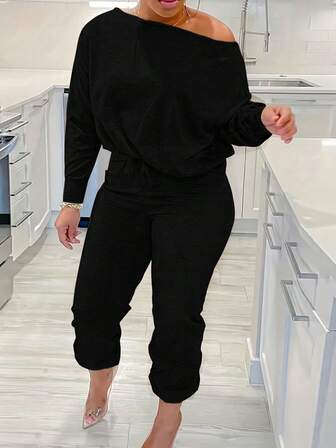 Plus Size Women's Solid Color Batwing Sleeve Asymmetric Drawstring 2 Pieces Set, Suitable For Daily Wear, Casual Home, Autumn Long Sleeve 2 Pieces Casual Suit, Thanksgiving 2 Pieces Set