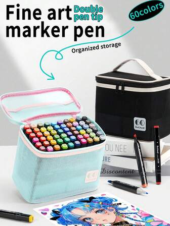1 支装 60 色双头永久性油性记号笔，适合学生、动漫设计、绘图、着色、绘画的专业美术用品