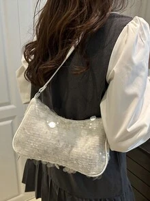 Túi xách nữ đa năng đính sequin hình lưỡi liềm kim loại màu trơn thời trang, túi tote, túi đi biển, túi đựng điện thoại thường ngày thời trang đính sequin - Màu be - Xem 4