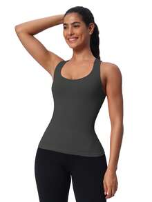 Seamless Workout Tank Top For Women With Built In Bra, Padded Racerback Athletic Yoga Camisole - Kolgrå - Visa 7