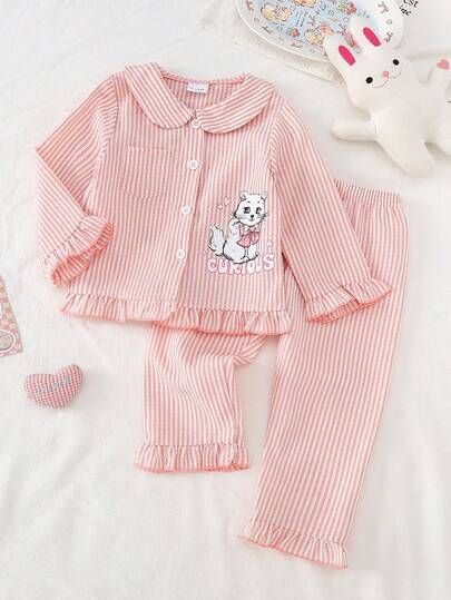 2pcs/Set Baby Girl Cute Cat Print Striped Fabric Casual Pajama Set