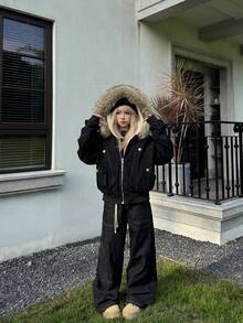 Women's Fall/Winter Short Down Coat With Fur Hood, Large Fur Lining, Warm And Windproof, Fleece-Lined, Parka-Style Outer Vest Included, Perfect For Cold Weather - Black - View 2