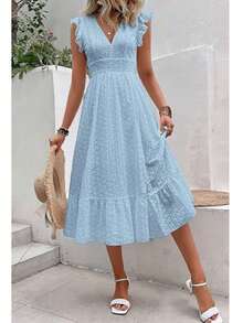 Long Beach Dress With Wrap Hem And Ruffle, Vacation Outfit For Women - Light Wash - View 5