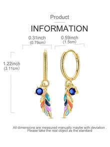 1 Pair Original 925 Sterling Silver Bohemia Style Women Hoop Earrings Golden Color Colorful Feathers Shape Blue Cubic Zirconia Elegance Earrings Jewelry Gifts Fits Daily Party Shopping Wear