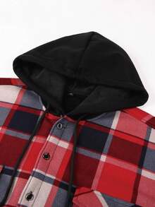 1 pieza Camisa casual de negocios con capucha, botones y manga larga forrada a cuadros, cálida para hombres en otoño/invierno - Rojo - Ver 4