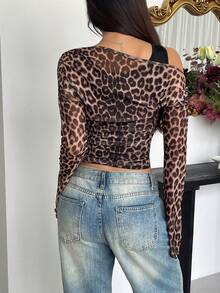 Blusa Assimétrica/Assimétrica de Babados Transparentes com Estampa de Leopardo em Tecido de Malha Elegante e Sexy, Adequada para Noite, Praia, Uso Diário, Todas as Estações, Versátil