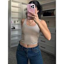 Women Rib Tank Top Padded Workout Top Square Neck Crop Tank Fitted Basic Cami Tops - Oat Milk - View 3