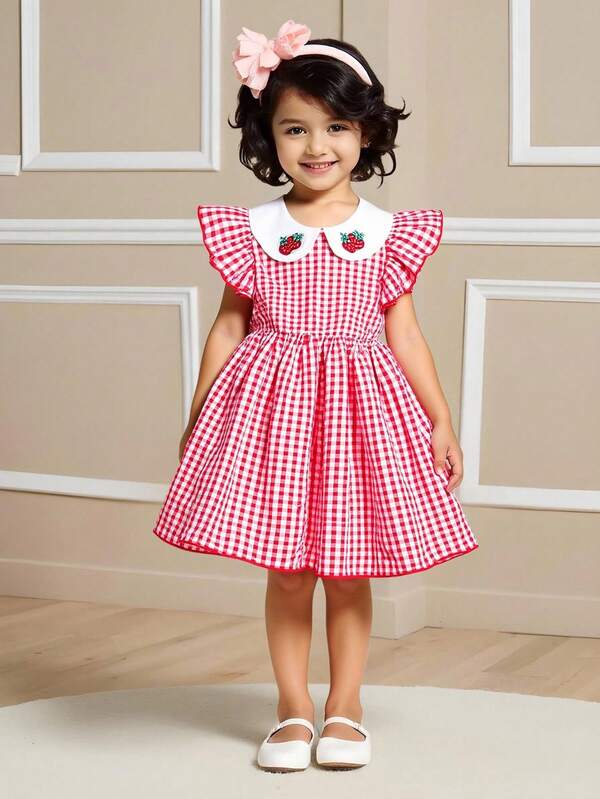 Girls Summer Stylish Dress, Red Plaid Collar, Embroidered Strawberry Cap Sleeve Dress, Fashionable & Adorable, Suitable For Casual Daily Wear