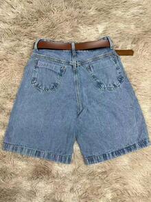 Bermuda Jeans Shorts Basic Denim With Pocket For Women - Lavagem Média Com Cinto - View 2