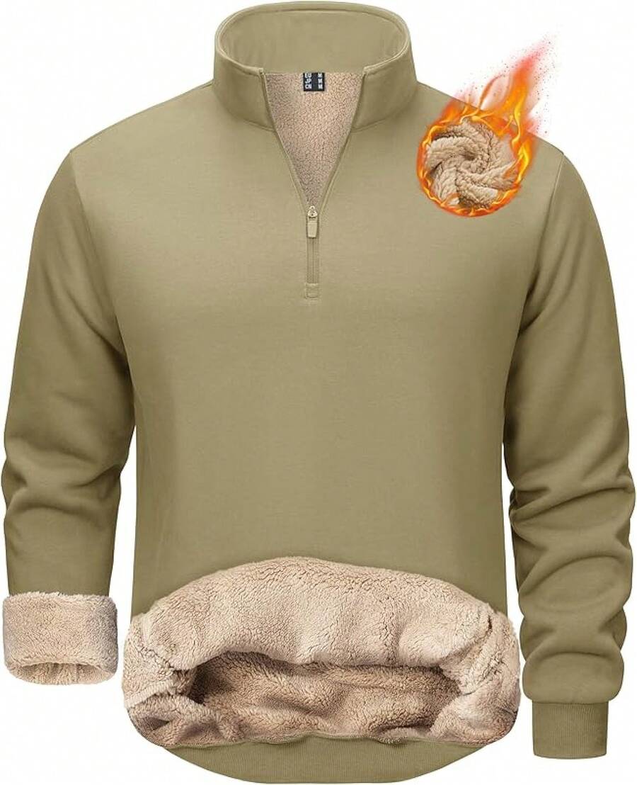 Men's Quarter Zip Pullover Sweatshirts Sherpa Lined Heavyweight Winter Thermal Warm Sweaters, Cozy Fashion - 卡其色 - 查看 1