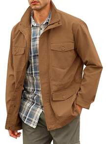 Mens Military Jacket Full Zip And Button  Field Jacket Multi Pocket Cargo Outdoor Coathalloween - 棕色 - 查看 1