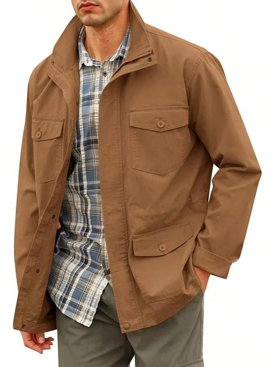 Mens Military Jacket Full Zip And Button Field Jacket Multi Pocket Cargo Outdoor Coathalloween - 棕色 - 查看 1