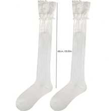 1 Pair Women Cotton Knitted Boot Socks Knee High Socks Lace Trimmed Trimmed Long Tube Socks, One Size, White-Black - 白色 - 查看 8