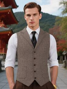 Casual Men's Vests Herringbone Tweed Vest V-Neck Waistcoat For Men Retro Men's Wedding Vests Hunting Travel Workwear Vest - 摩卡棕 - 查看 7