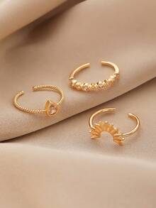 Bộ 3 nhẫn trang trí hình trái tim, giọt nước và mặt trời đính đá, thời trang, thanh lịch, đa năng, phù hợp cho phụ nữ, hẹn hò, ngày lễ, tiệc tùng, sinh nhật - Vàng - Xem 3