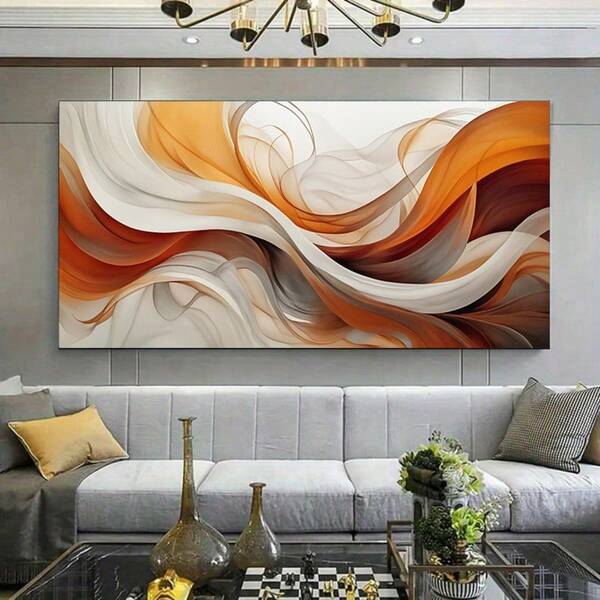 1pc 2D Flat Abstract Art Decor Painting,Orange, White & Brown Lines Posters,Minimalist Wall Arts For Bedroom, Office, Bar, Kitchen, Dining Room,Modern Canvas Art Picture,No Frame