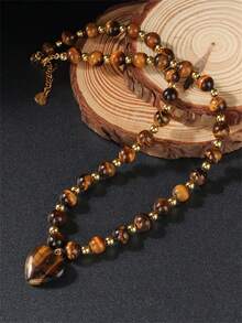 Elegant Vintage Inspired Tigers Eye Cat's Eye Stone Beaded Heart Pendant Necklace For Women Men Perfect For Parties Birthdays Everyday Glamour(No Card)