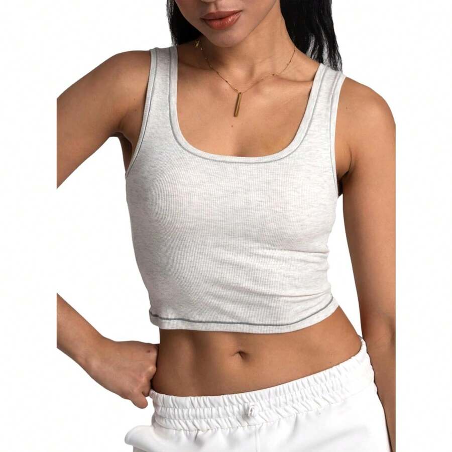 Women Rib Tank Top Padded Workout Top Square Neck Crop Tank Fitted Basic Cami Tops - Heather White - View 1