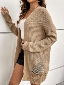 Women's Solid Color Ribbed Casual Cardigan Sweater, Suitable For Daily Office Wear