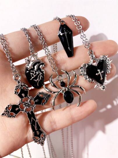 Set de 5 collares con colgantes de corazón, rosa, cruz, ataúd, gema, araña y corazón, estilo gótico punk rock vintage Y2K, con cadena de acero inoxidable, collares personalizados de hip hop