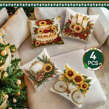 4pcs Simple Christmas Decoration Set, Single-Sided Printed Throw Pillow Cover 45*45cm, Peach Velvet