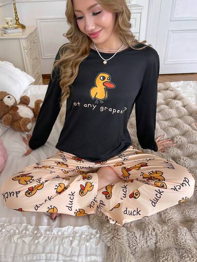 2pcs Women Pajama Set, Cute Cartoon Duck & Slogan Print Long Sleeve T-Shirt Top And Pants, Casual Loose Fit, Suitable For Holiday Party, Vacation, Women Homewear Set, Fall & Winter Clothes